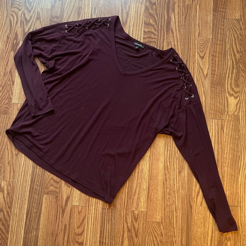 Express Jersey Knit Long Sleeve with Shoulder Lace-up Details, Size L